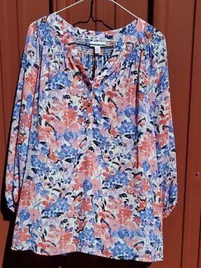 Charter Club Floral Peasant Blouse in Coral, Blue & White